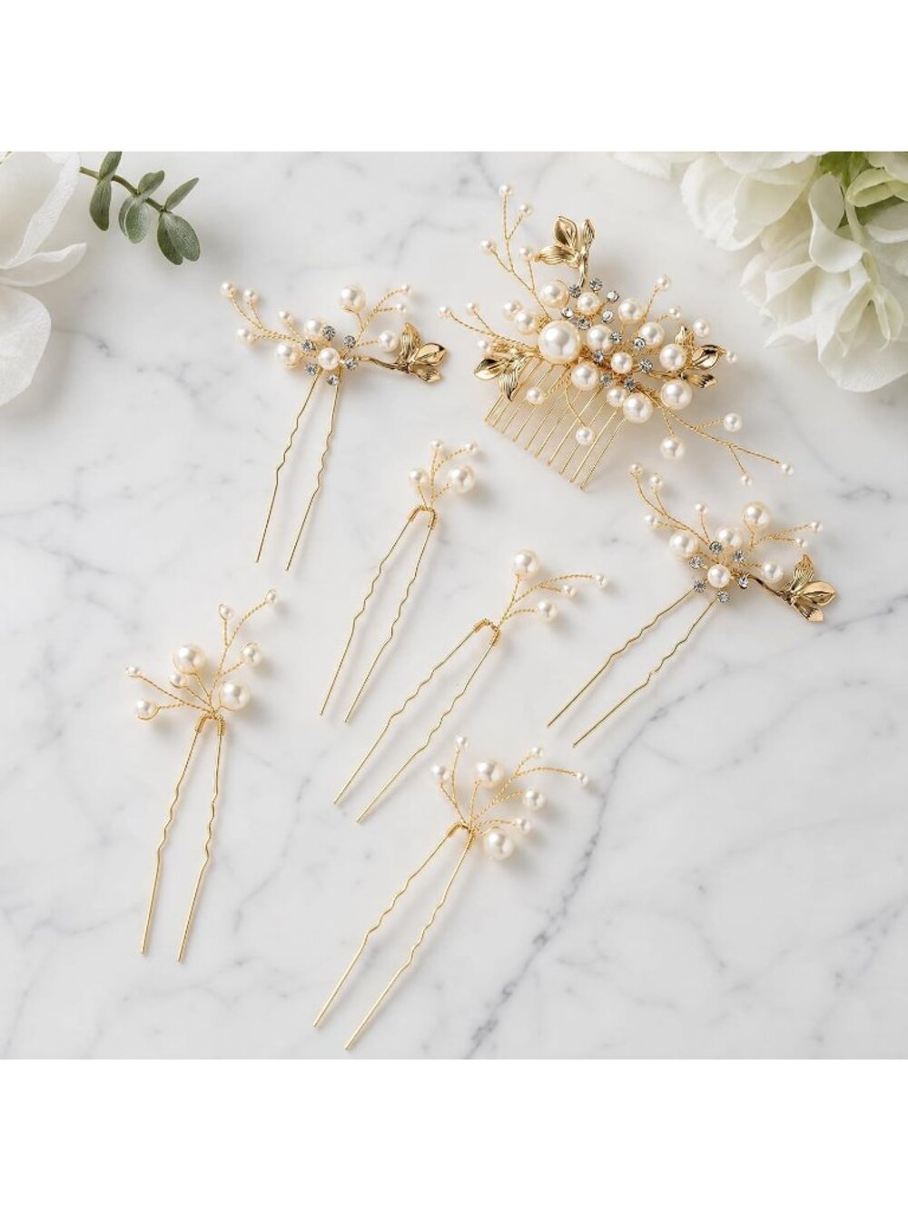 Women's Gold Rhinestone Crystal Handmade Bridesmaid Floral Pearl Hair Clips